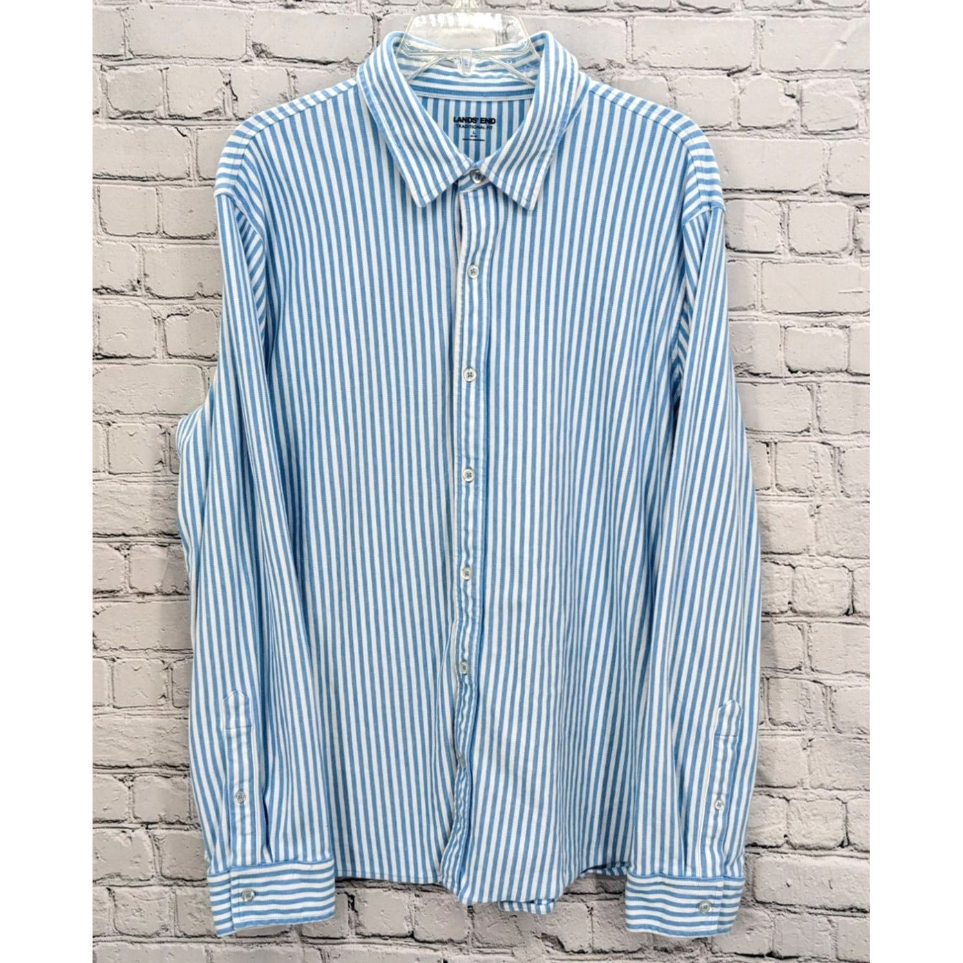 Land's End Traditional Fit Men's White & Blue Striped Long Sleeve Shirt Size L