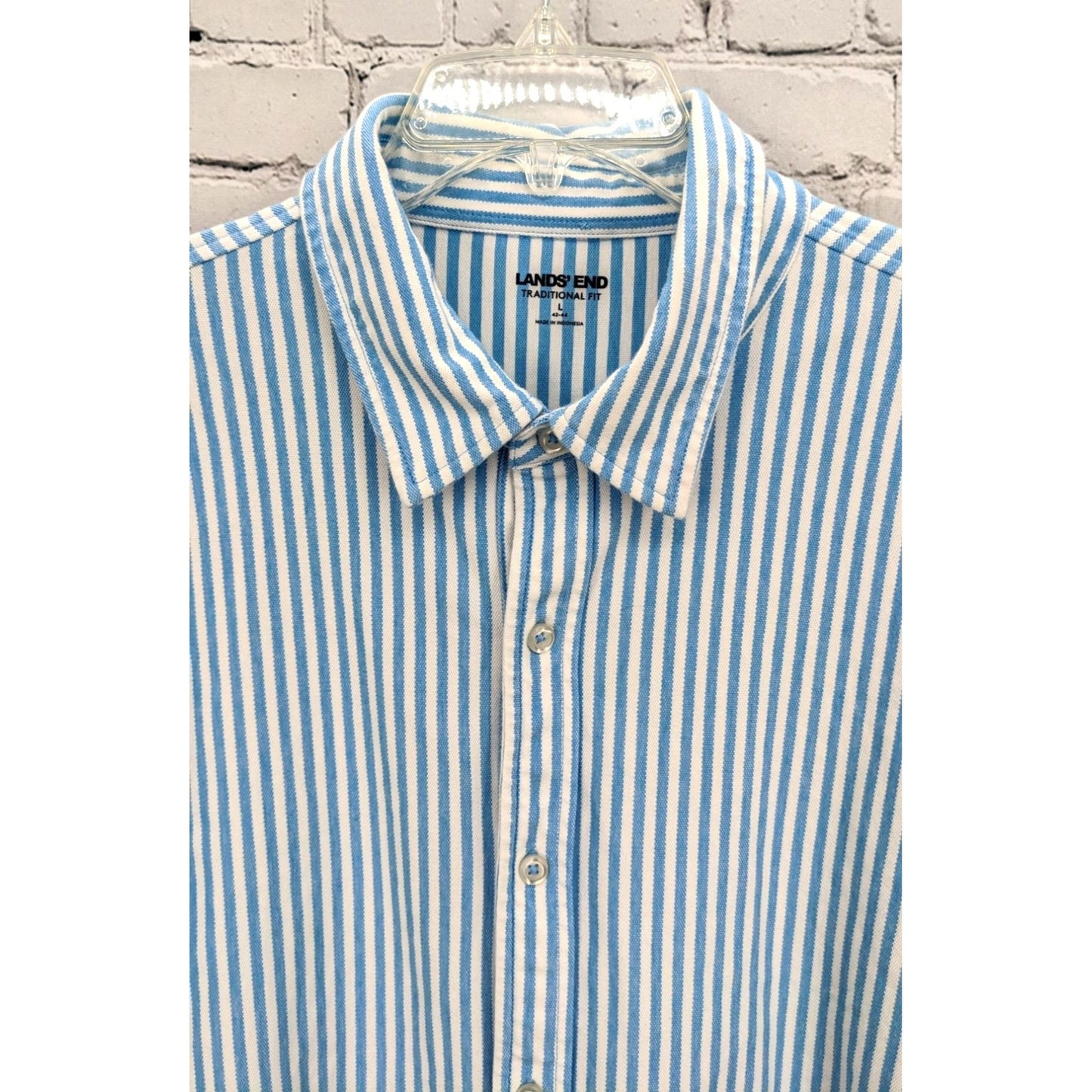 Land's End Traditional Fit Men's White & Blue Striped Long Sleeve Shirt Size L