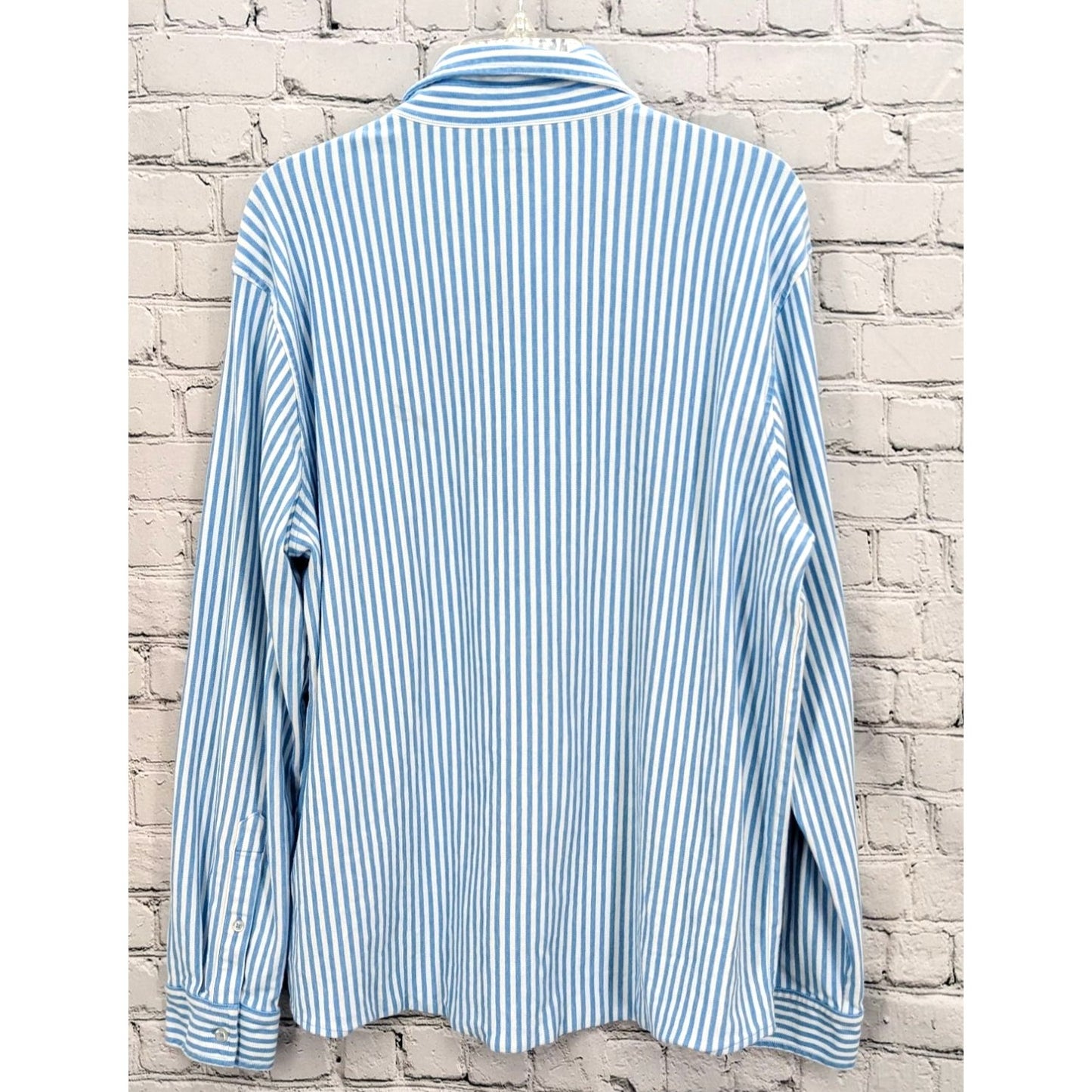 Land's End Traditional Fit Men's White & Blue Striped Long Sleeve Shirt Size L