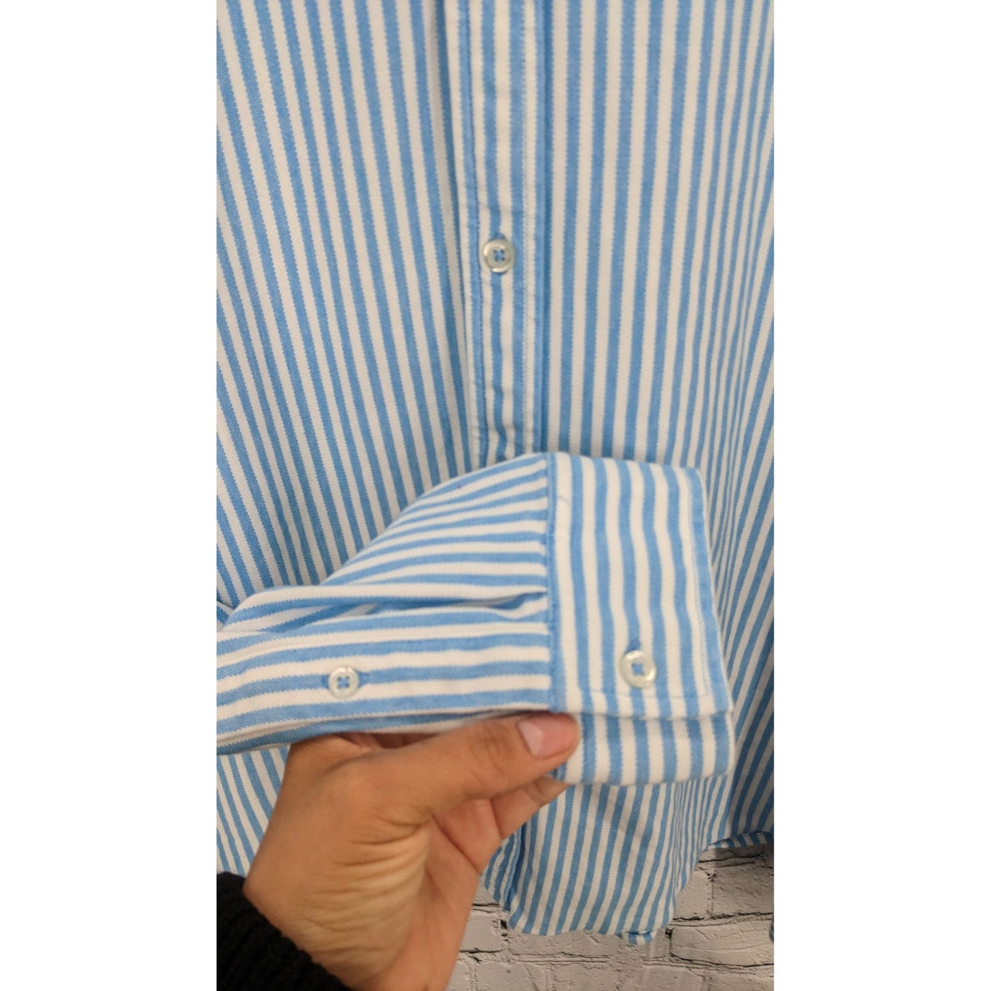 Land's End Traditional Fit Men's White & Blue Striped Long Sleeve Shirt Size L